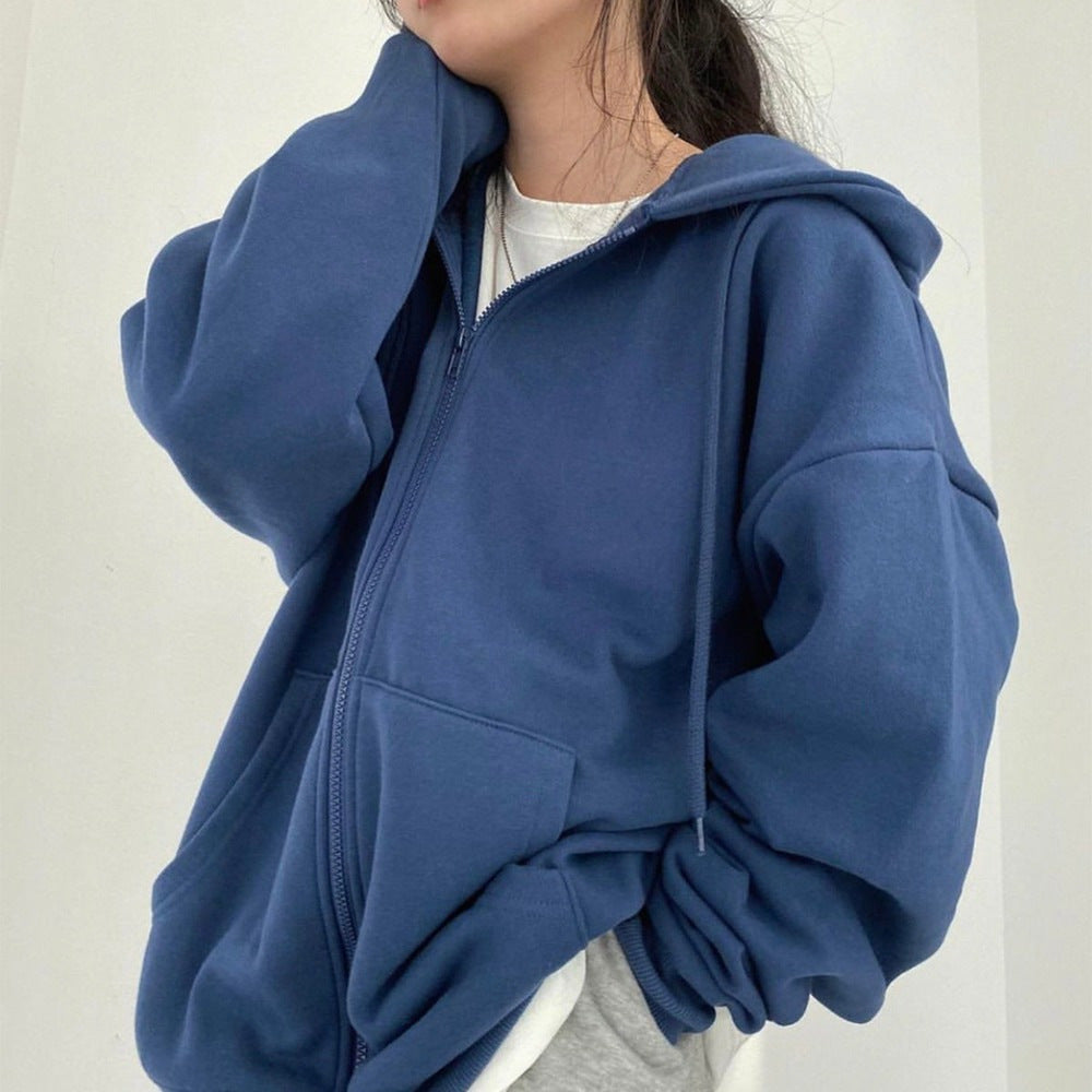Loose Long Sleeve Zipper Pocket Hoodie